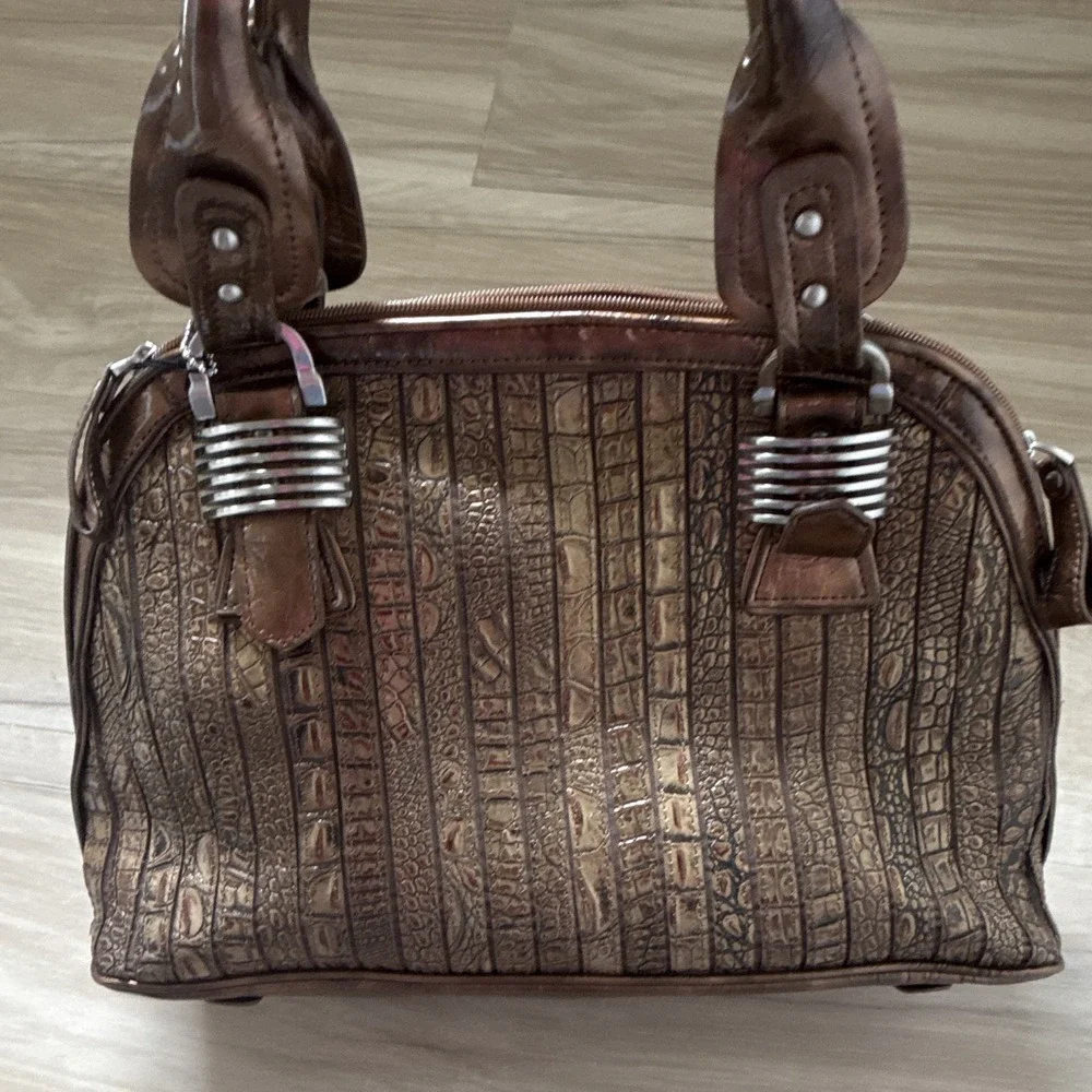Madi Claire Metallic Bronze Croc Embossed Satchel Zip Shoulder Strap Pockets